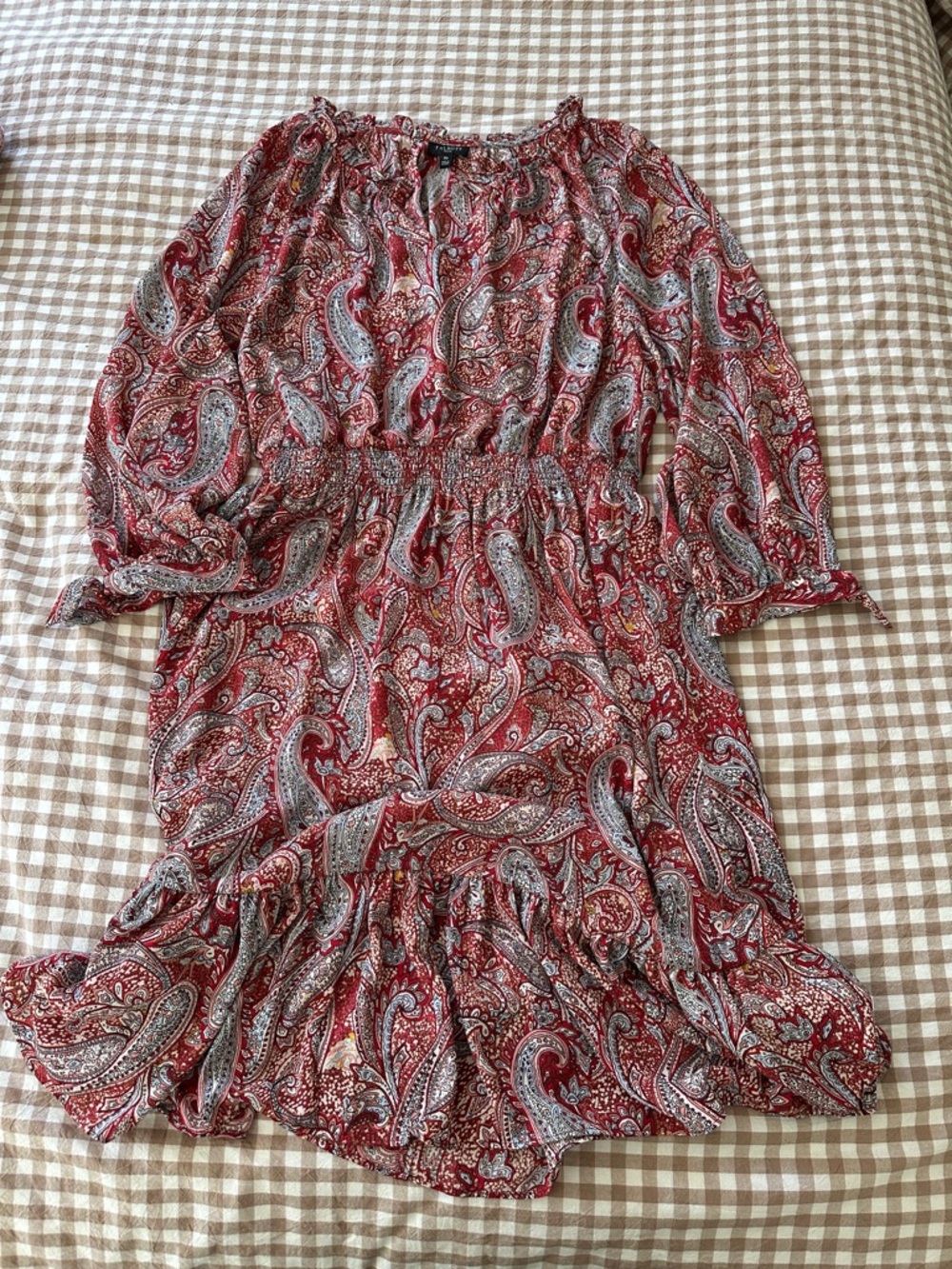 Talbots Burgundy Paisley 3/4 Length Sleeve Shirred-Waist Dress